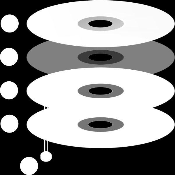 CD - Működés Adattárolás: vájatok az A. rétegben, spirális alakban (500 nm széles, 100 nm mély) Motor forgatja a lemezt, állandó kerületi sebességgel (1.2-1.
