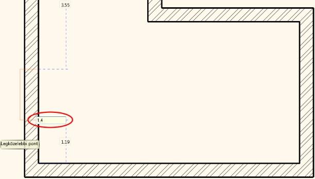 1. Lecke: Nappali tervezés 7 1.2.2. Második falkiszögellés létrehozása Hozzon létre egy másik falkiszögellést (1.2.2. számú) az előbbi ábra szerint, mely a falsaroktól 1.4m-re kezdődik, 1.