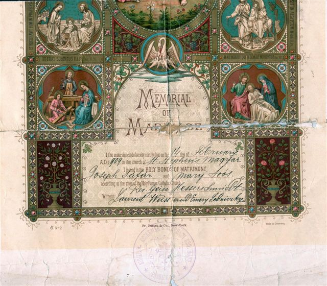 Esküv*i emléklap Joseph Sáfár és Mary Soós esket* pap: Messerschmidt Géza plébános