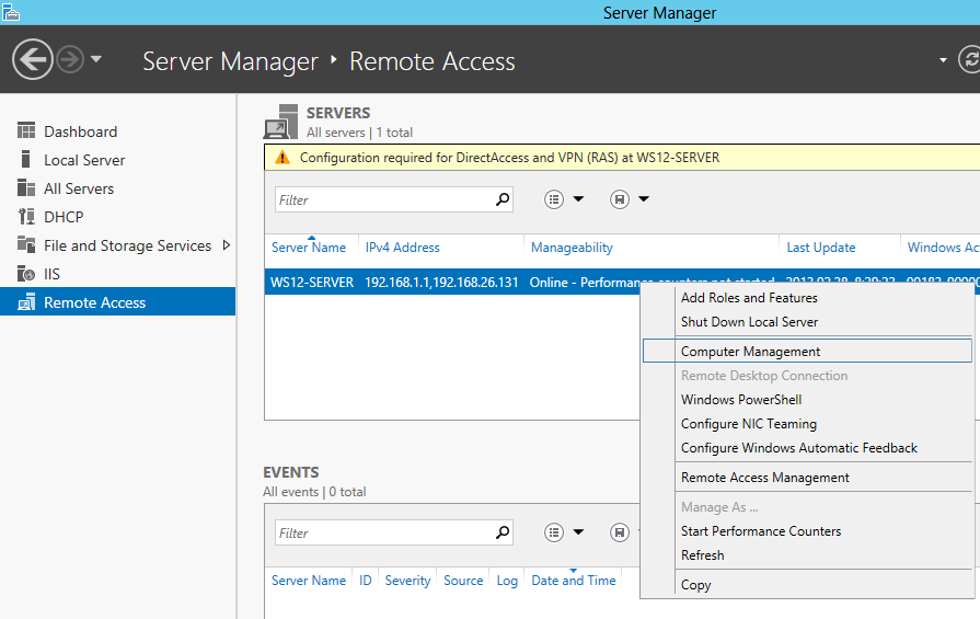 A Server Manager -ben megjelenik a Remote Access menüpont.