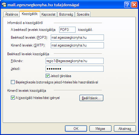 A tulajdonságlapon a Kiszolgálók fülön A kiszolgáló hitelesítést igényel jelölőnégyzet LEGYEN BEPIPÁLVA! A mail.egeszsegkonyha.