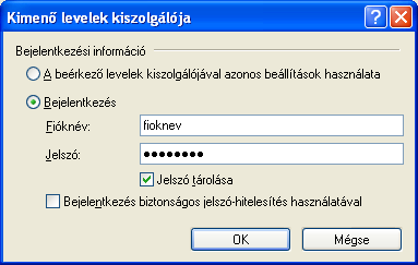 11.3. Kimenő levelek hitelesítésének beállítása Amennyiben a kimenő levelei forgalmát internetszolgáltatóján keresztül biztosítja*, válassza a Bejelentkezés opciót és adja meg a következő adatokat.