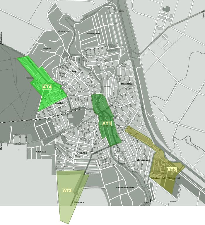 STRATÉGIA 52 Akcióterületek: 1. Városközpont akcióterület (AT1) 2. Turisztikai és idegenfogalom-fejlesztési akcióterület (AT2) 3. Déli iparterület akcióterület (AT3) 4.