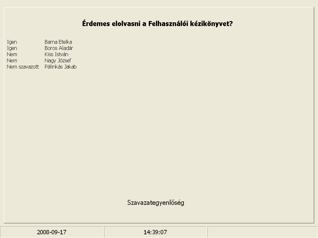 35.sz. ábra Kivetítın megjelenı ábra «Szavazók» megjelenítési módban 4.4.3. KILÉPÉS A kivetítés funkcióból a «Konferencia» (B.) fülre kattintva lehet visszatérni a konferencia vezérlés menüjébe.