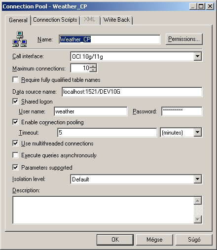 4. ábra: Connection Pool beállításai Az adatbázis objektum alatt helyezkedhet el a sémákat tartalmazó katalógusok (Physical Catalog), vagy a fizikai sémák (Physical Schema).