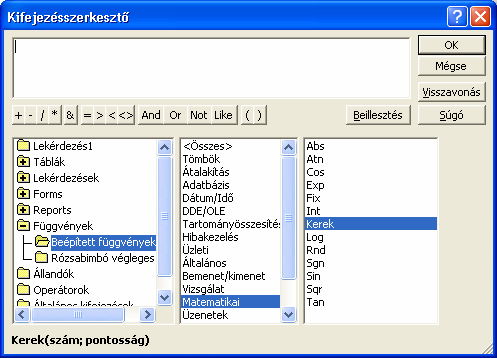 Megjelenítéséhez álljunk a tervezırács valamely üres oszlopának Mezı vagy Feltétel rovatába, majd kattintsunk az eszköztár Szerkesztés gombjára. Ezután megjelenik a Kifejezésszerkesztı panel.