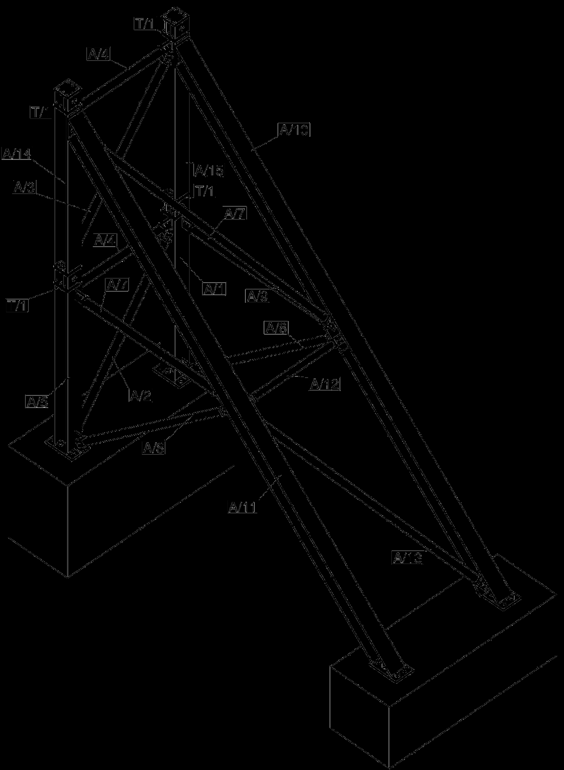 26. ábra Terhelőkeret 3D elrendezési terve gyártmányjelölésekkel A terhelőkeret kiviteli terveit a Tekla Structures konstrukciós szoftver
