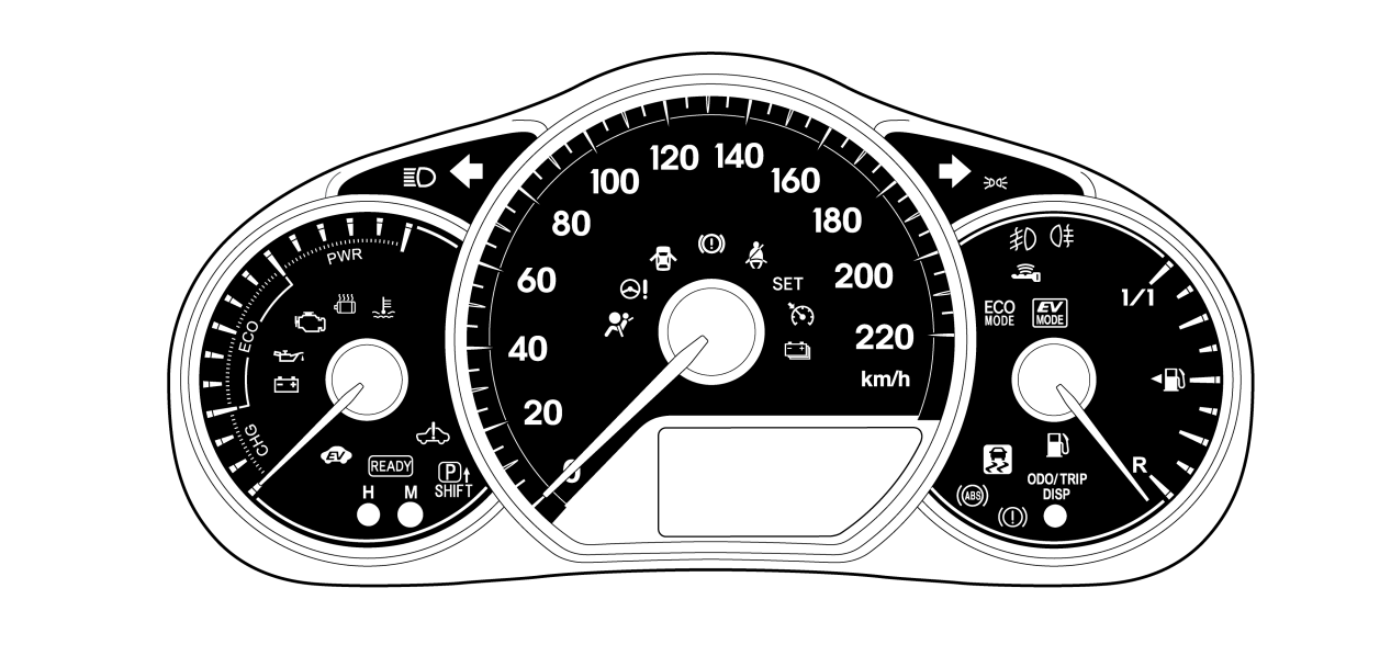 A Yaris hibrid azonosítása (folytatás) Belső Műszerek (sebességmérő, READY visszajelző, sebességfokozat indikátor, figyelmeztető fények) a kormány mögött a