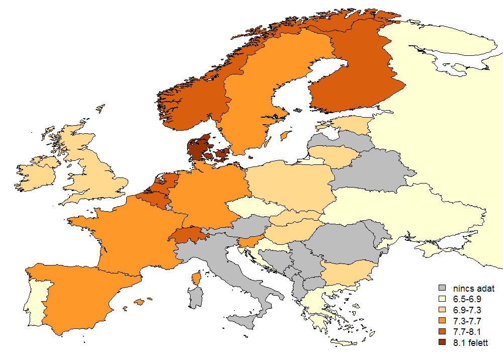 2. ábra. A munkával való elégedettség Európában (ESS 5.