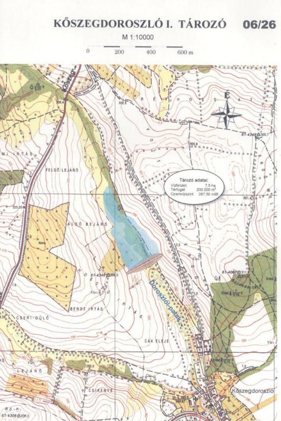 Kőszegdoroszlói záportározó Műszaki paraméterek: Tervezett max. vízszínt: 287,5 mbf. Max. vízszinthez tartozó vízfelület: 7,5 ha Max. vízszinthez tartozó vízmennyiség: 200.000 m 3 A gát hossza: kb.
