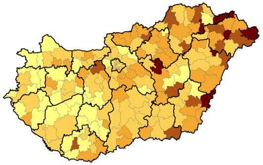 Békés (2011-ben 7,8%), Borsod-Abaúj-Zemplén (9,7%) és Nógrád (8,3%) megyék rendelkeznek magas munkanélküliségi adatokkal, ugyanúgy, mint a teljes népesség esetében.