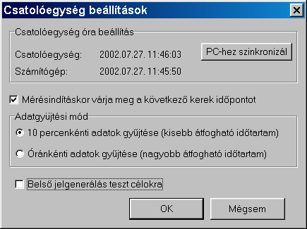 Illesztőegység beállítások A mérőkészülék beállításait lehet ebben a dialógusablakban megtenni.