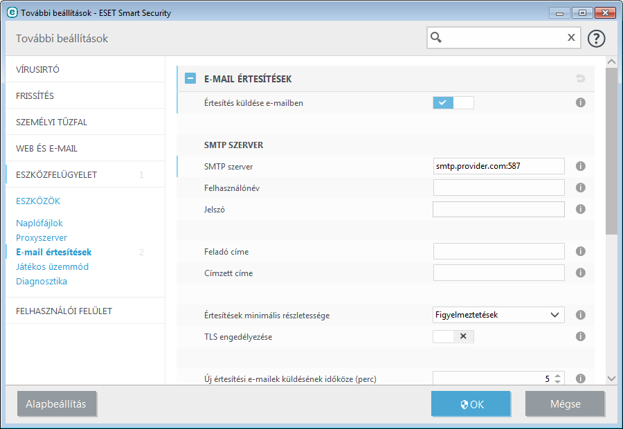 4.6.1.12 E-mail értesítések Az ESET Smart Security képes automatikusan értesítő e-maileket küldeni a kiválasztott részletességi szintű esemény előfordulása esetén.