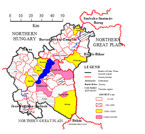 Ecotourism in the Region of Lake Tisza Figure 2. Settlements with local taxes and with their amount of tourist nights, in 2011 Source: Own compilation, data based on ado.hu, and ksh.
