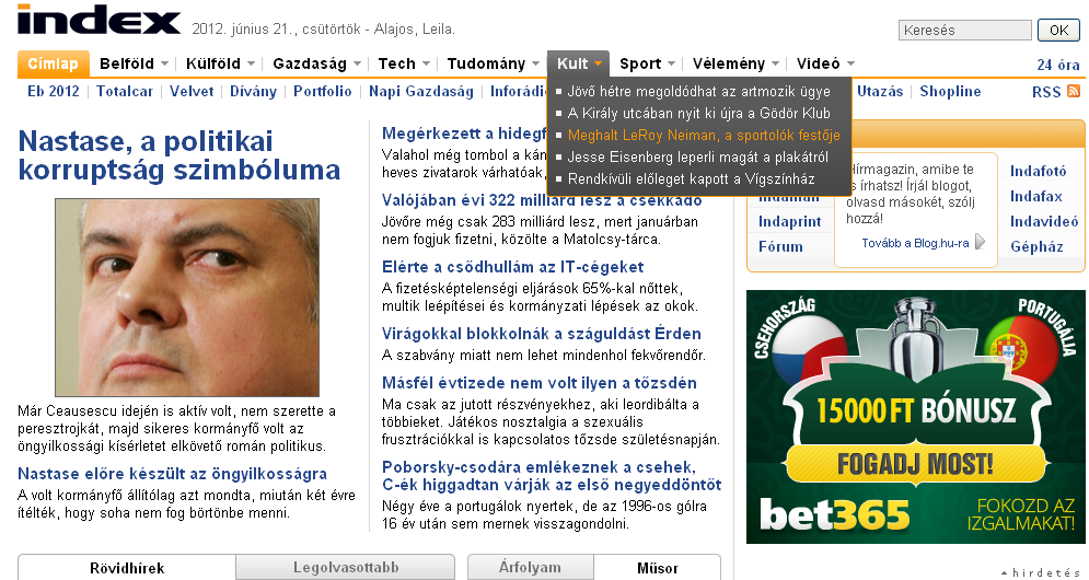 Keresőoldal Index: www.index.hu) A kereső a magyar honlapok között keres, de szűkíteni lehet a keresését például az index hírmagazin tartalmára is.