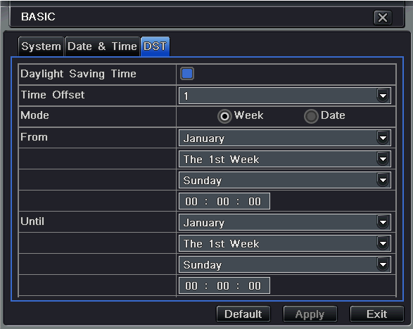 gombra, a beállítások mentéséhez. Kattintson a kilépés gombra, a menüpontból kilépéshez. 4.1.3 DST 1. lépés: Lépjen be a rendszerbeállítás alapbeállítás DST menübe; a 4-5. ábrának megfelelően. 4-5. Ábra: Alapbeállítás - DST 2.
