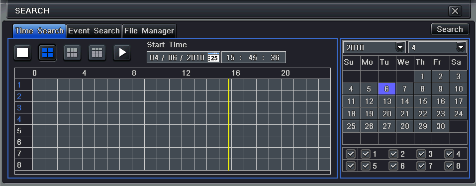 5 Felvételkeresés, visszajátszás és mentés A keresés beálltás három almenüt tartalmaz: idő szerinti keresés, eseménykeresés és fájlkezelés. 5.1 Idő szerinti keresés 1.