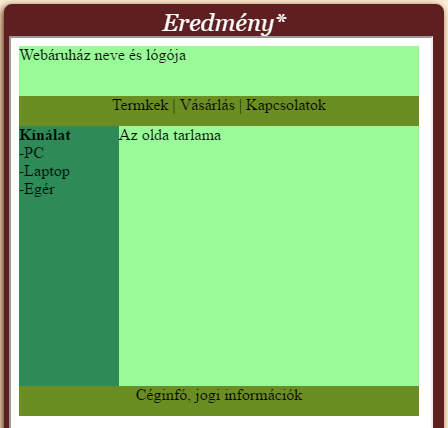 Az oldal tarlama <div id="lablec" style="background-color:#6b8e23;height:30px;text-align:center;"> Céginfó, jogi információk Kétoszlopos HTML elrendezés A weboldalunk fő szerkezeti elemei: Fejléc: