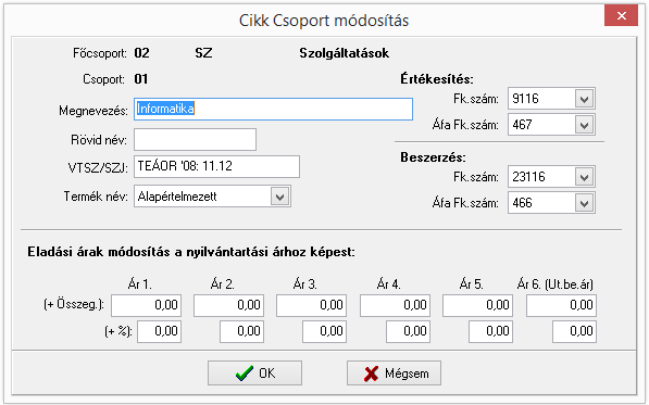 A Szerviz funkciók/rendszerbeállítások módosítása menüpont Alap adatok fülén beállíthatjuk, hogy a cikkszámokat egyedileg adjuk meg, vagy a rendszer automatikusan generálja: Főcsoport kód + Csoport