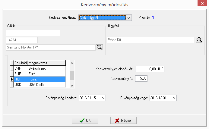 Cikk főcsoport - Ügyfél típus 8 Cikk főcsoport - Összes ügyfél 9 Összes cikk - Összes ügyfél 10 Új kedvezmény: Ki kell választani a kedvezmény típusát, és ennek függvényében meg kell adni a cikket,