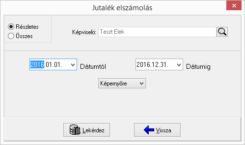 Jutalék elszámolás részletek A Jutalék elszámolás menüpontban a Részletek gombbal, vagy a kiválasztott képviselőre duplán kattintva megjelennek a képviselőre vonatkozó részletes jutalék elszámolási