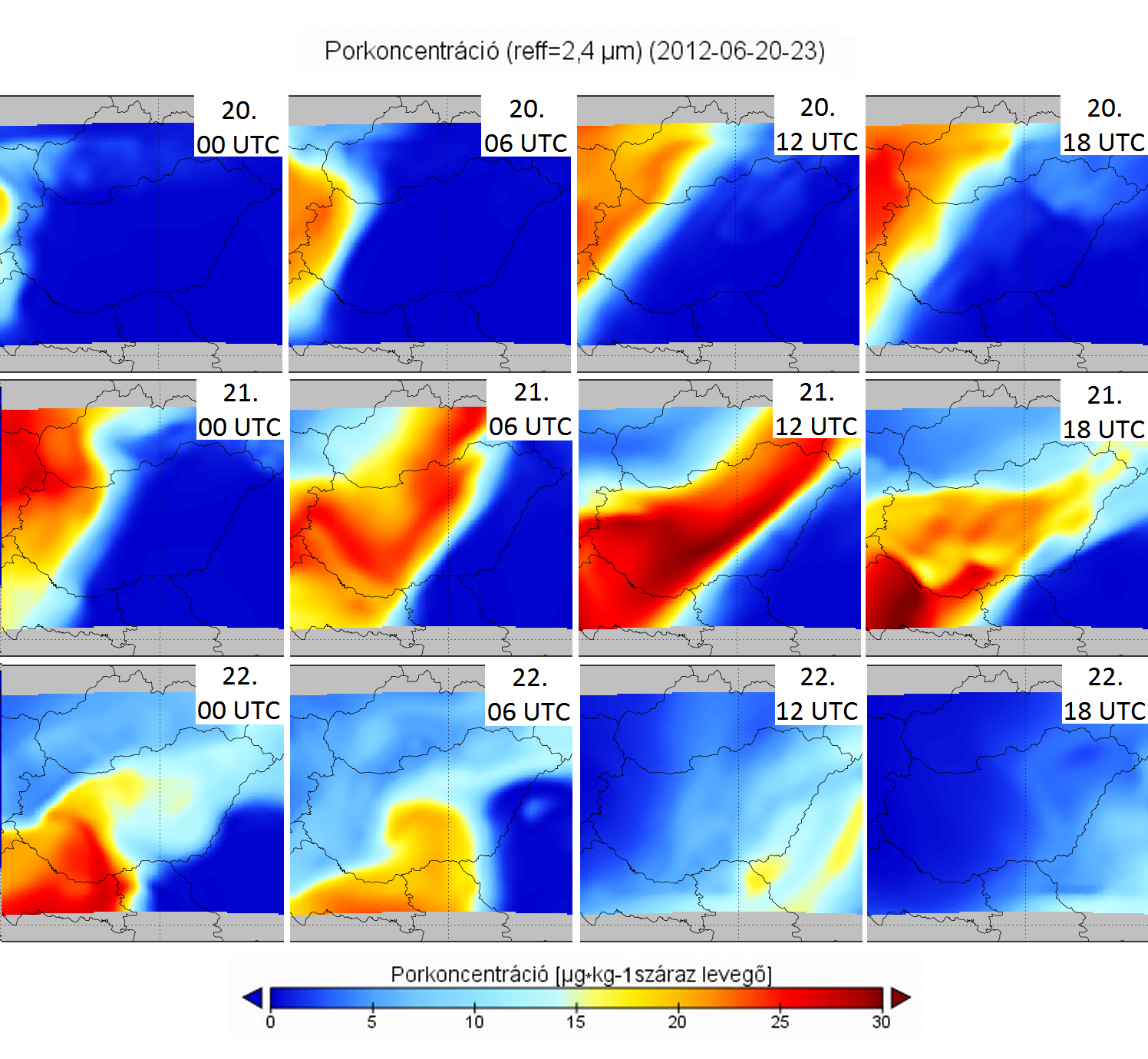 14. ábra. A 2,4 μm effektív sugarú porrészecskék koncentrációja 2012.