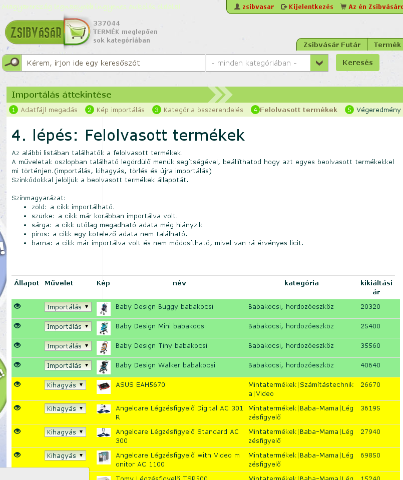 2.5) Importálás áttekintése Itt kiválaszthatjuk hogy mit kívánunk tenni egy cikkel, illetve visszajelzést kaphatunk hogy mi hiányzik vagy miért nem importálhatunk egy cikket (ha az egeret a szem fölé