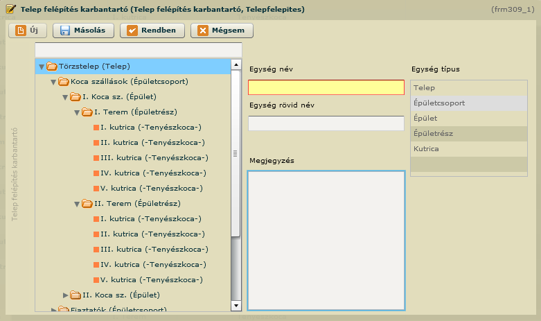 Új teleprész építése A telep felépítése fa struktúrában jelenik meg.