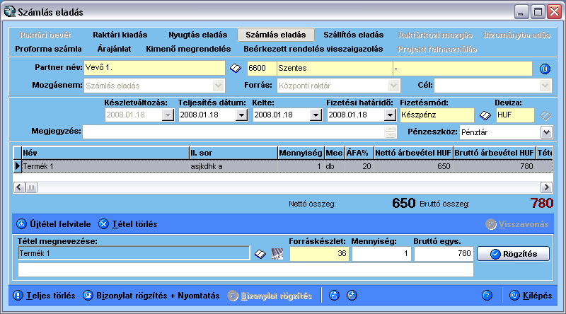 A program jól láthatóan a nagyker bruttóáron árazta be a terméket, továbbá alkalmazta rajta a 10%+3%-os további kedvezményt is: 780 * (1-0,127) = 680,94 Ennél a beállításnál a bizonylat lezárását