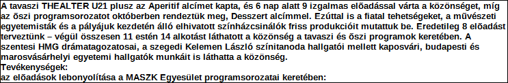 A kettős könyvvitelt vezető egyéb szervezet egyszerűsített beszámolója és közhasznúsági melléklete PK-142 Szervezet neve: MASZK - Magyarországi Alternatív Színházi Központ, Színházi
