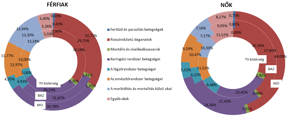 16. ábra: A férfiak és a nők haláloki struktúrájának alakulása a Tiszaújvárosi kistérségben 2005 és 2012 között négy éves összevonásban a korai (65 éves kor előtt bekövetkező) halálozásra vonatkozóan