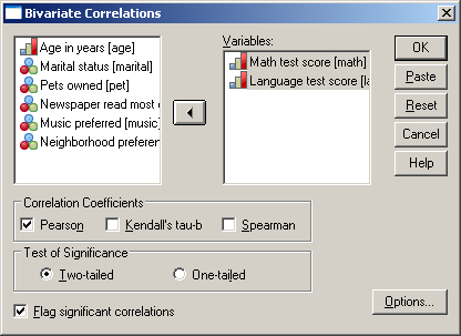 78. ábra.correlations Math test score Language test score Math test score Pearson Correlation 1,615(*) Sig. (2-tailed),015 N 15 15 Language test score Pearson Correlation,615(*) 1 Sig.