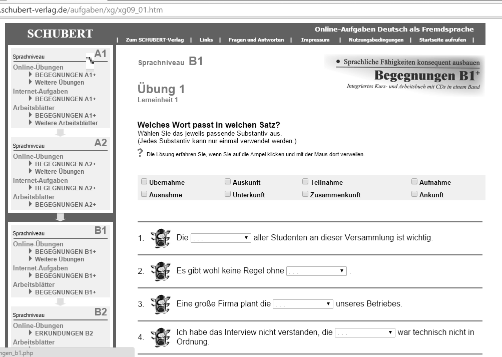 7. ábra. német online feladat 2. Online lehetőségek német nyelvtanuláshoz Forrás: http://www.schubert-verlag.de/aufgaben/xg/xg09_01.htm, 2015.