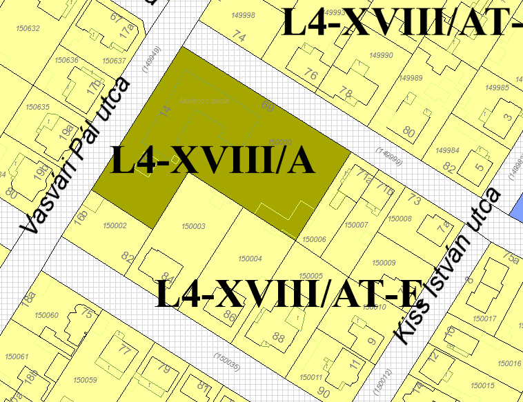 rendeltetés fejlesztése érdekében szükséges az L4-XVIII/AT-E jelű apró telkes-előkertes lakóövezetből a 150002- es helyrajzi számú telek átsorolása L4-XVIII/A -jelű alapintézményi övezetbe.