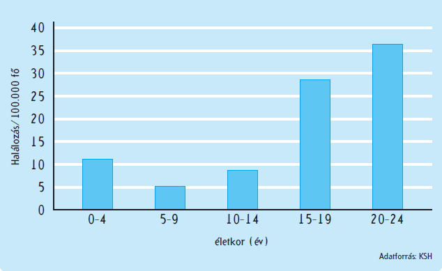 9.sz. ábra A halálos kimenetelű balesetek száma Magyarországon korcsoportonként, nemenként (2005-2007) Forrás: Nemzeti Gyermek- és Ifjúságbiztonsági Akcióterv A véletlen balesetek miatt a 100 000