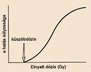 Determinisztikus hatás Küszöbdózis: 0,5 Sv felett Hatás kialakulása és annak súlyossága dózisfüggő: a küszöbdózis elérésekor biztosan kialakul!