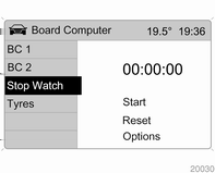 110 Műszerek és kezelőszervek Stopperóra Válassza ki a Timer (Időzítő óra) menüpontot a Board Computer (Fedélzeti számítógép) menüből. Megjelenik a Timer (Időzítő óra) menü.