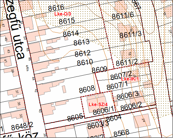13/M2 Szegfű utcából nyíló 8606/1 hrsz ingatlan Lke-Sz/4 ép. övezetből Lke-IK/1 ép.