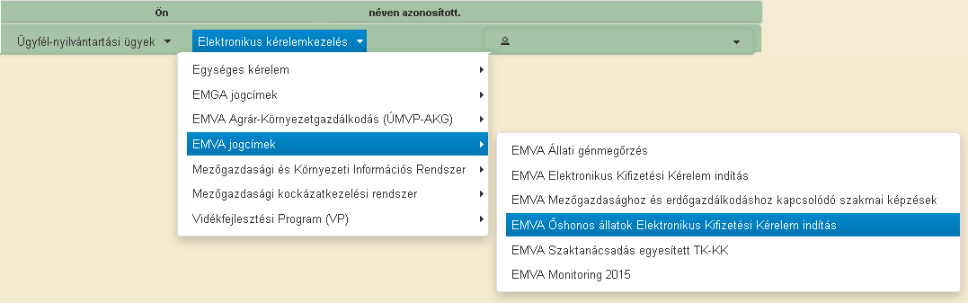 Kérelem kitöltésének megkezdése Válassza ki a menülistából az Elektronikus kérelemkezelés alatt az EMVA jogcímek majd az EMVA Őshonos állatok Elektronikus Kérelem indítás menüpontot: Ezt követően a
