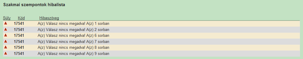 7.4.1 A Szakmai szempontok fülhöz tartozó hibalista 17541-A(z) Válasz nincs megadva!a(z) 1 sorban: Az 1.