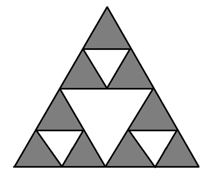 a) Feladat: Egy szabályos háromszöget felosztottunk 4 egybevágó kis háromszögre, majd ezekből három háromszög mindegyikét feldaraboltuk 4 egybevágó kisebb háromszögre az ábra szerint.