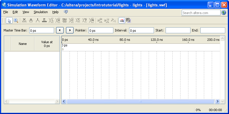 A megtervezett áramkör szimulálása A fő Quartus R II ablakban válassza a File > New > Verification/Debugging Files > University Program VWF menüpontot a Simulation Waveform Editor Állítsa be a