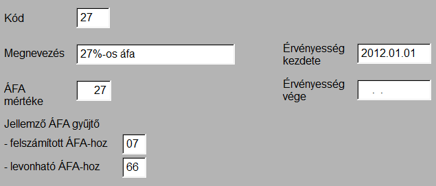 6.7. Áfa-kulcsok A számlákon ill. a könyvelési tételekben szereplő áfa-kulcsok rögzítésére szolgáló képernyő. A jelenleg hatályos áfatörvény szerinti kulcsokkal fel van töltve.