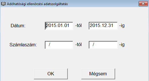 Beállítások: - dátum: időszak tól ig; - számlaszámok: az eredeti számla száma az azonosító vagy a számlaszám mezőből vehető át.