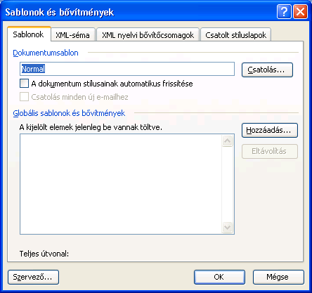 Sablon utólagos hozzárendelése File menü Beállítások- Bővítmények-Kezelés- Sablonok-Ugrás Az oldalbeállítás és a szöveg már nem változik!