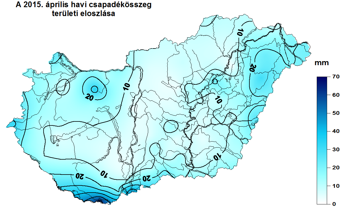 1. HELYZETÉRTÉKELÉS Csapadék 2015 áprilisában a rendelkezésre álló adatok szerint az ország területére lehullott csapadék mennyisége 2 mm (Folyás, Ráckeve) és 63 mm (Drávaszabolcs) között alakult, az