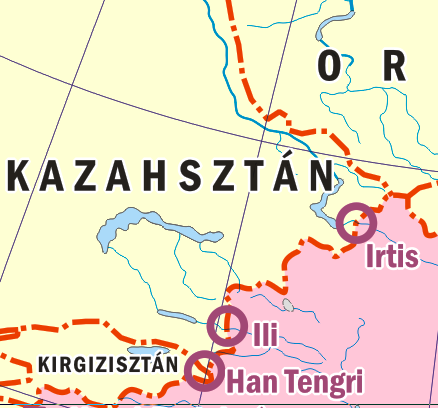 Kazahsztán 1533 km Xinjiang tartományban az ujgurok már évtizedek óta nagyobb (sőt akár teljes) önállóságot szeretnének elérni (a