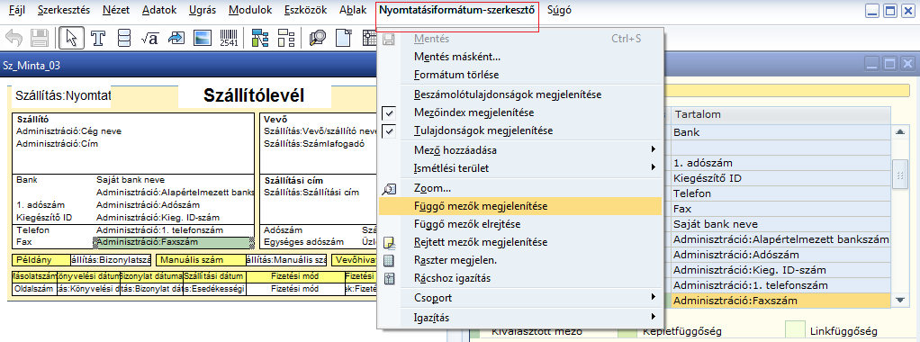 Az ES-on lévő ikon segítségével szintén megjeleníthetjük a Zoom ablakot. 22. ábra: MS: Nyomtatási formátum - szerkesztő > Zoom 2. 1.2.10 Függő mezők megjelenítése A sorra való kattintással megjelennek a függő mezők, az ábrán zöld szín mutatja a függő mezőt.