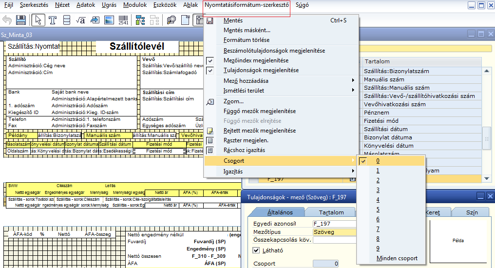 26. ábra: MS: Nyomtatási formátum - szerkesztő > Rácshoz igazítás 1.2.15 Csoport A csoportosítás beállításról akkor kell gondoskodni, ha részösszegeket kívánunk megjeleníteni. (27. ábra) 27.