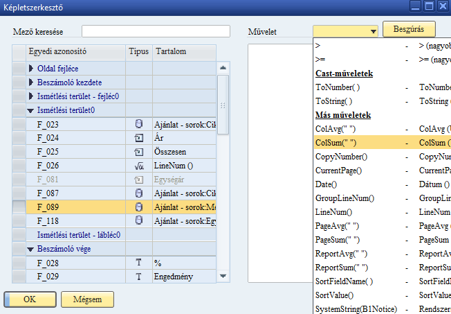 47. ábra: MS: NM/Tulajdonságok-mező/Tartalom regiszter/képletszerkesztő 1. Műveletek Leírás Aritmetikai műveletek Sztring műveletek Dátumműveletek Feltételműveletek Cast műveletek Más műveletek 48.